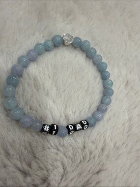 Blue jade Light Blue '#1 Dad' Beaded Stretch Bracelet